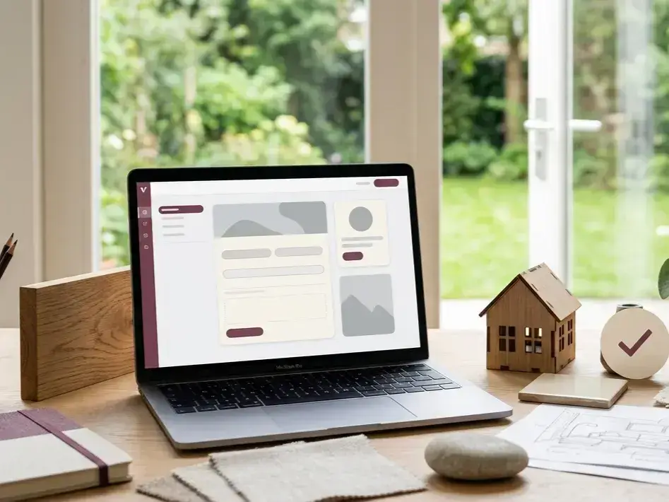 Laptop op een houten bureau met een aanmeldinterface, materiaalstalen en zicht op een groene tuin.