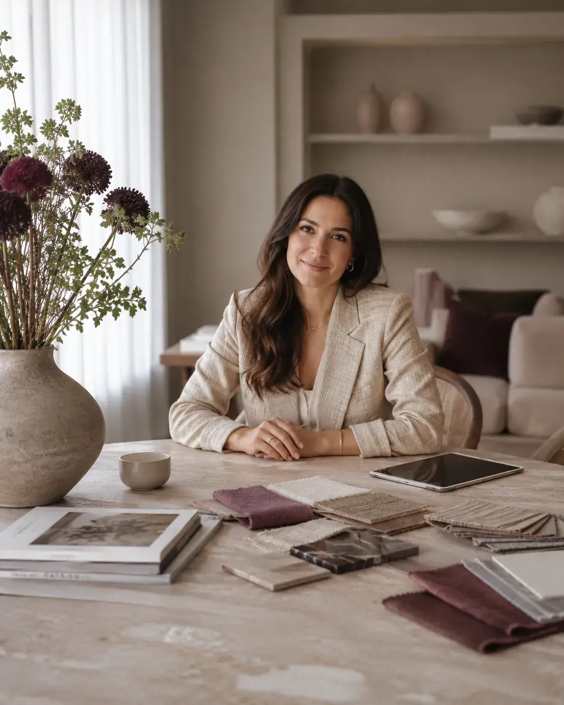 Interieuradviseur van Ventura Design ontvangt bezoekers aan een tafel met materiaalstalen en een tablet.
