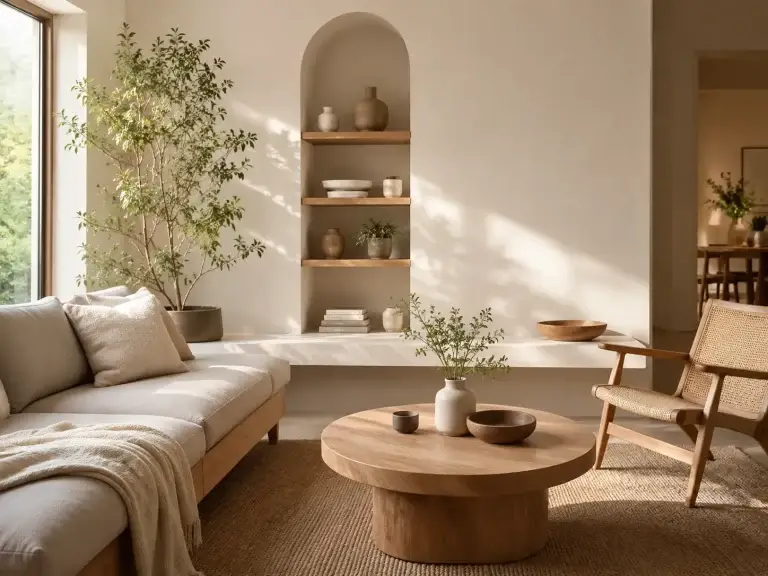 Lichte woonkamer met natuurlijke materialen, houten meubels, planten en een tijdloos duurzaam interieur.