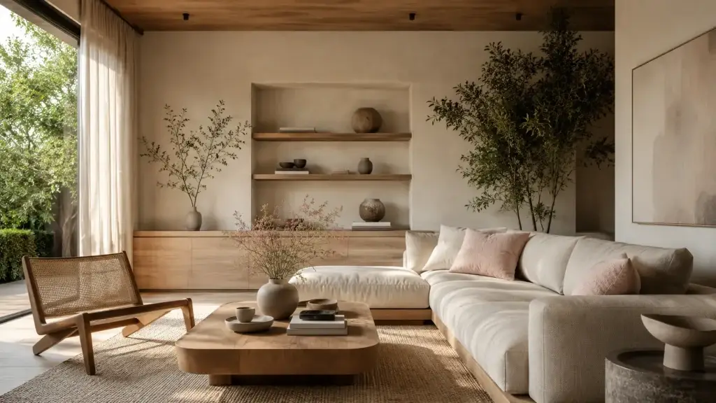 Moderne duurzame woonkamer met natuurlijke materialen, houten meubels en zachte neutrale kleuren.