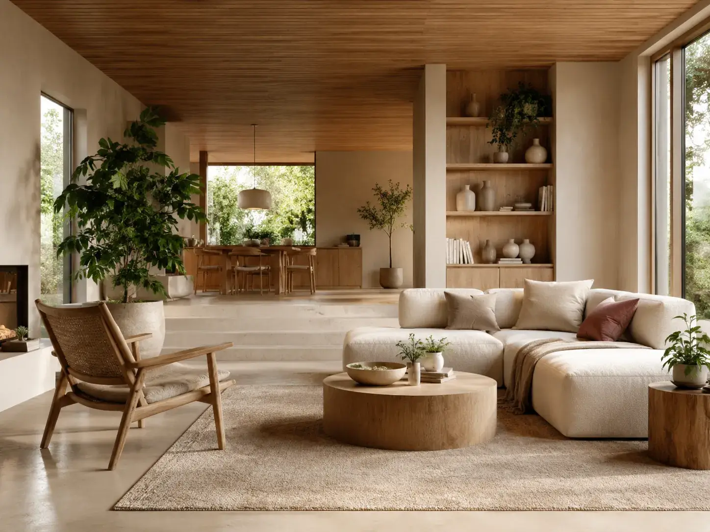Modern duurzaam interieur met natuurlijke materialen, houten meubels en groene planten