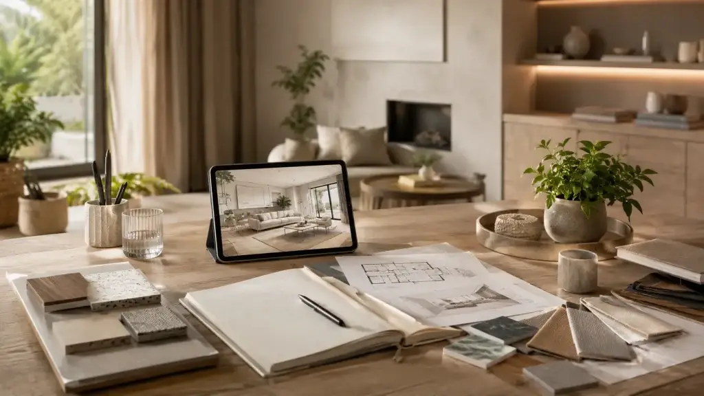 Werktafel met interieurontwerpen, materiaalstalen en tablet voor deskundig woon- en interieuradvies van Ventura Design.