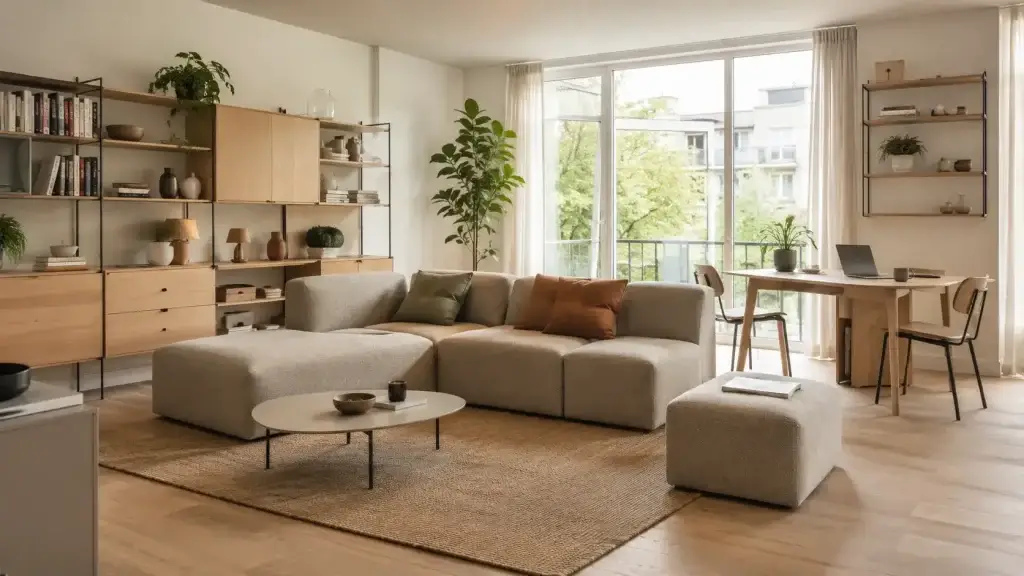 Modulaire meubels in een lichte woonkamer met een aanpasbare bank, uitbreidbare kast en multifunctionele tafel. Modulaire meubels