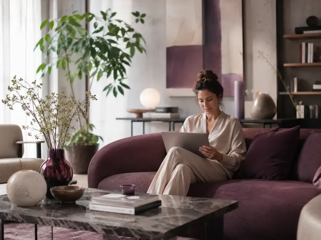 Vrouw bekijkt wooninspiratie op een laptop in een stijlvol interieur met paarse accenten.