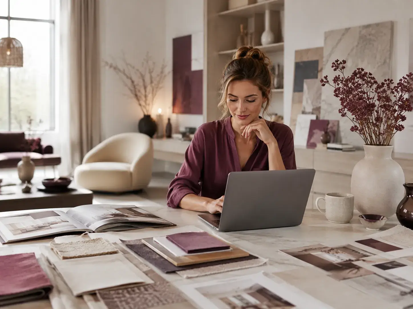 Interieurprofessional werkt met een laptop en materiaalstalen na registratie bij Ventura Design.