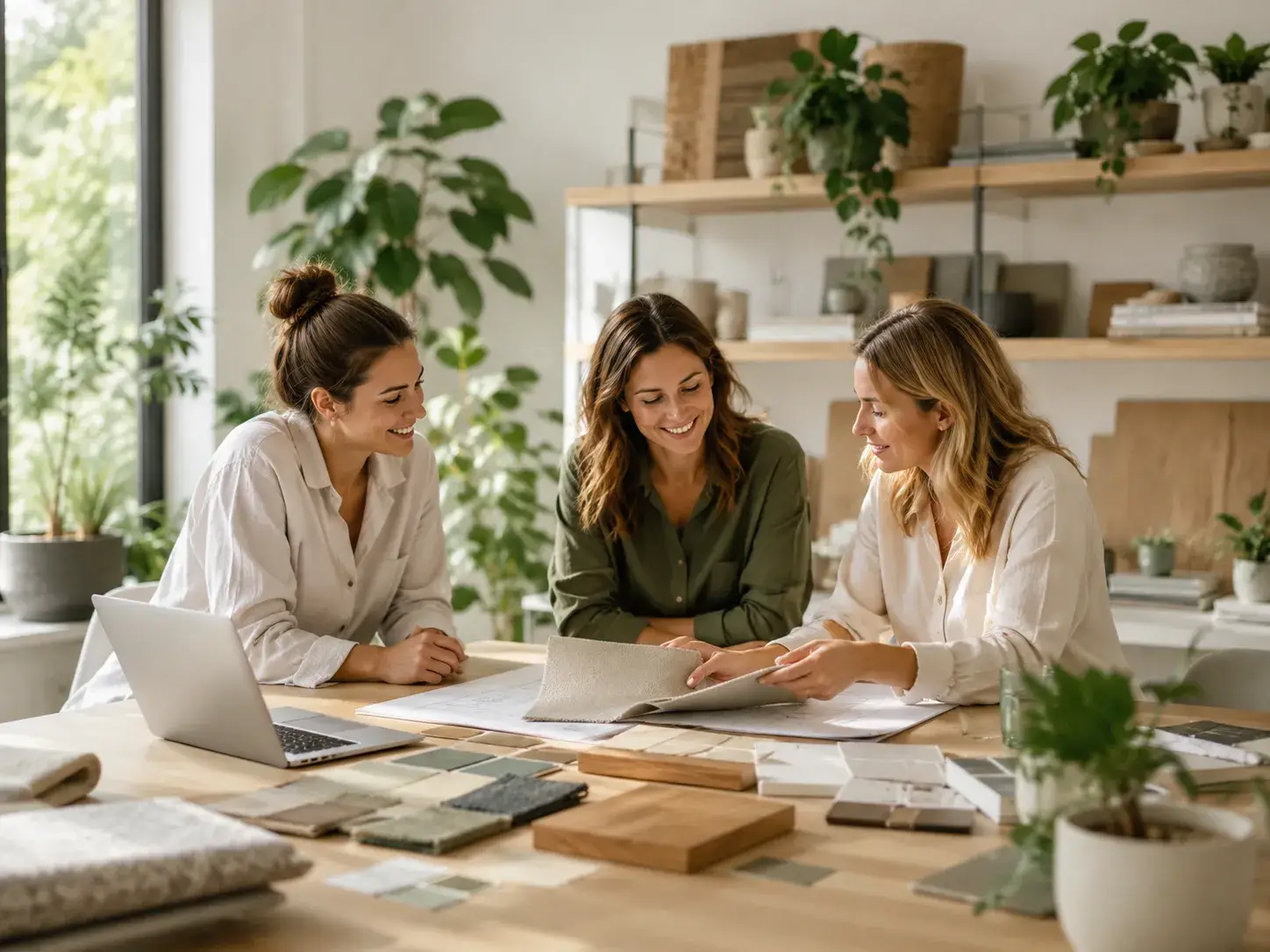 Ontwerpteam van Ventura Design bespreekt duurzame interieurmaterialen in een lichte studio
