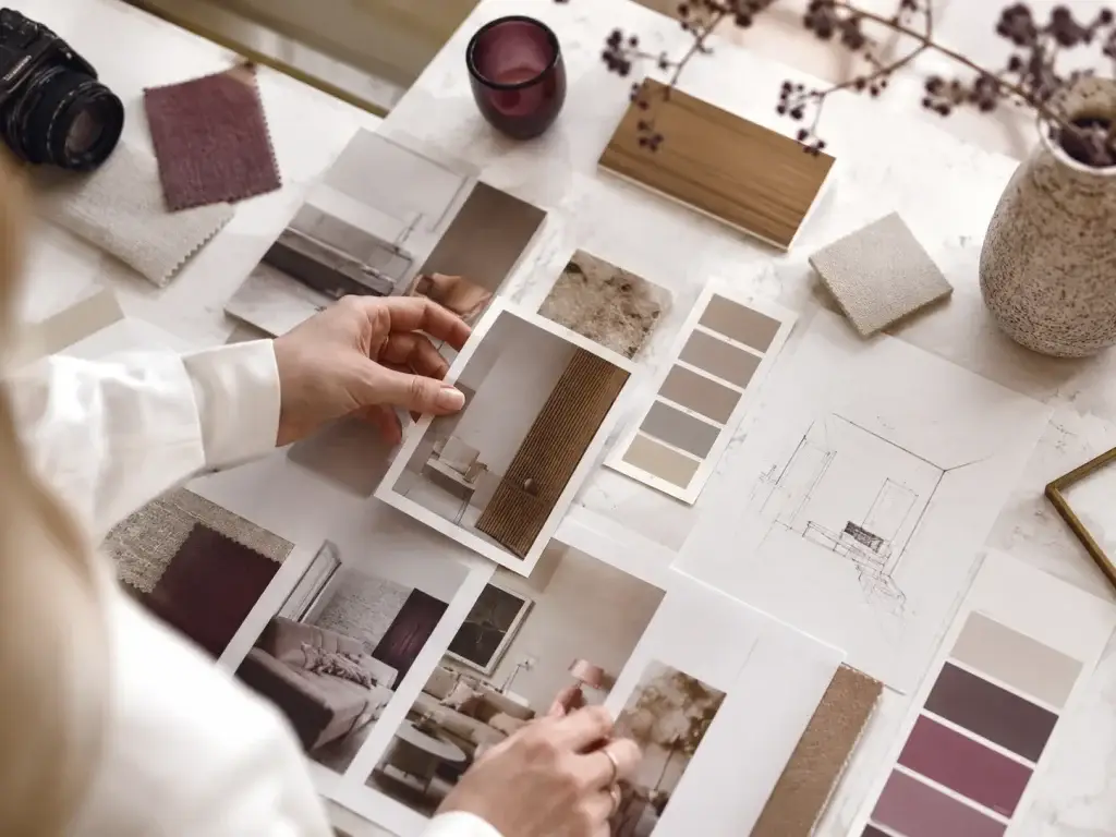 Interieur-moodboard met kleurstalen, stoffen, houtmaterialen en inspiratiefoto’s.