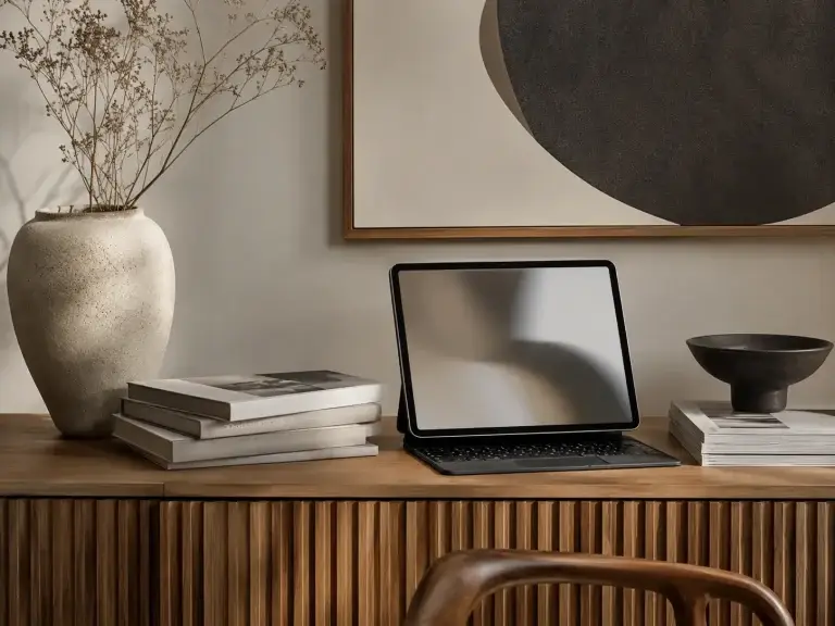 Stijlvolle werkplek met designboeken, tablet en natuurlijke woonaccessoires voor moderne wooninspiratie.